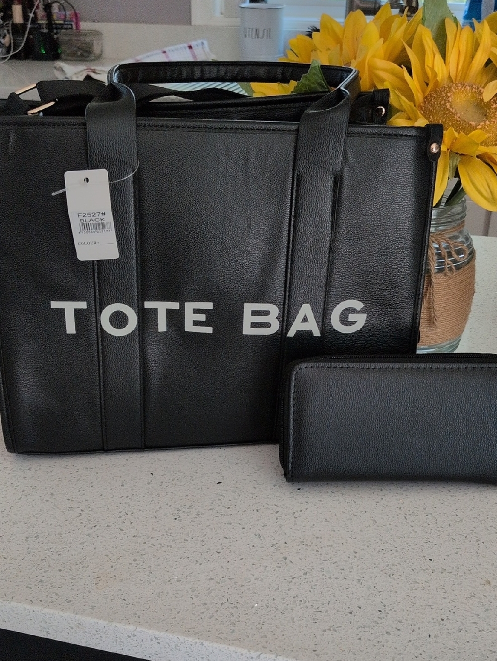 Black Tote Bag with Matching Wallet - 'TOTE BAG' Print.With Strap New